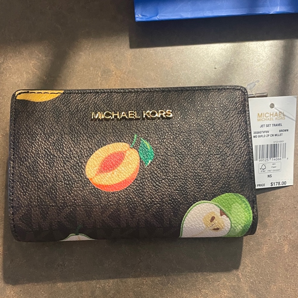 Michael Kors Brown Fruit Print Zip Wallet with Gold Logo